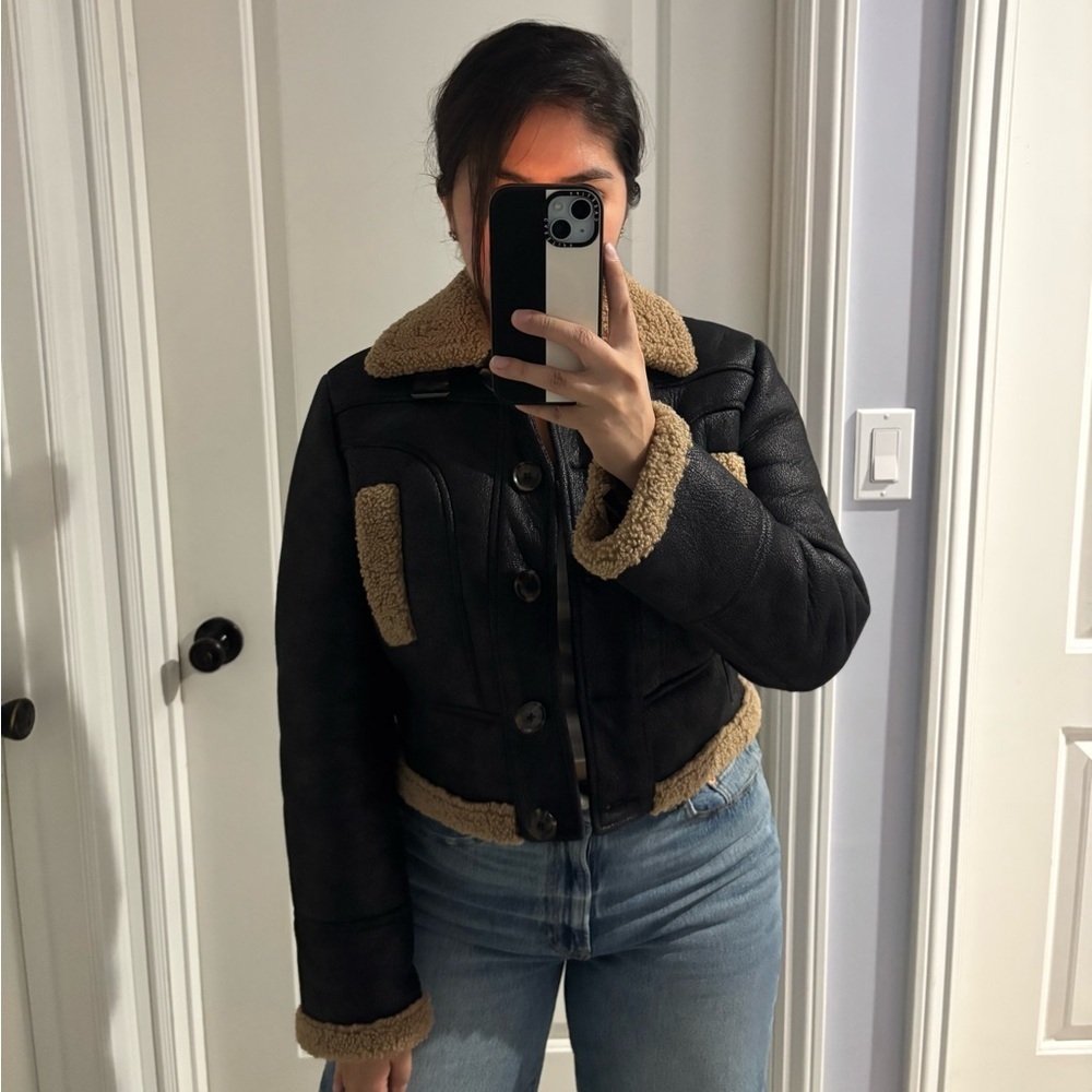 French Connection Faux Shearling Cropped Aviator Jacket US 8